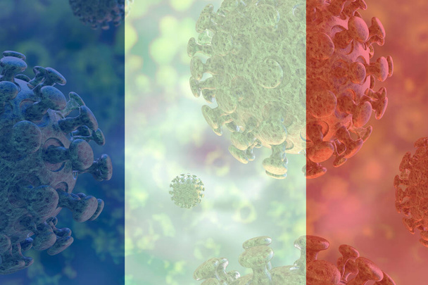 Bild des covid 19 Coronavirus, mit Frankreich Flagge überlagert. Globale Pandemie, ansteckende Krankheit - Foto, Bild