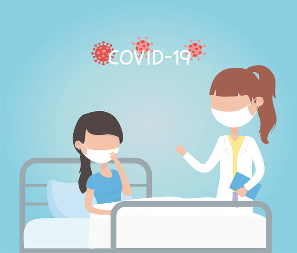 virus covid 19 quarantine, female doctor and sick woman in bed clinic vector illustration - Διάνυσμα, εικόνα