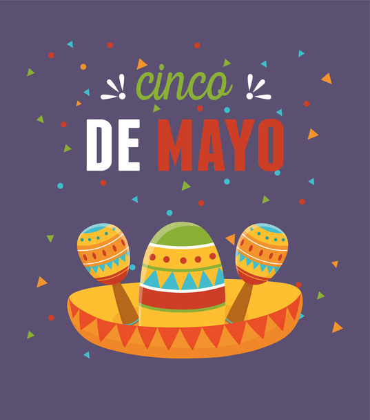 cinco de mayo καπέλο εορτασμού Μεξικού με κάρτα maracas - Διάνυσμα, εικόνα