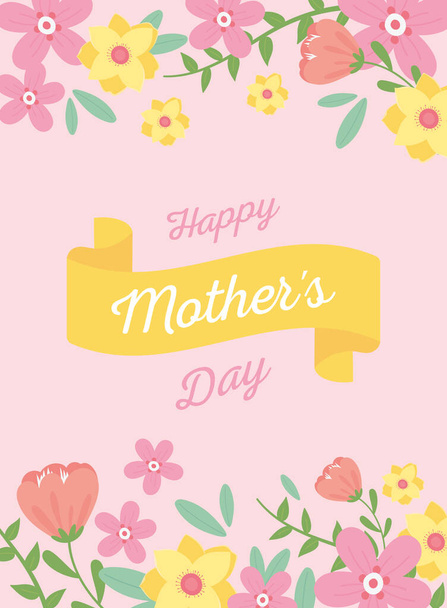 happy mothers day, card blossom flowers ribbon decoration - Вектор, зображення