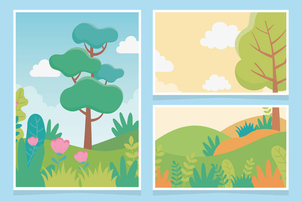 風景の木草原の茂みの葉自然緑のカード - ベクター画像