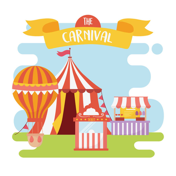 kermis carnaval voedsel stand tent lucht ballon tickets recreatie entertainment - Vector, afbeelding