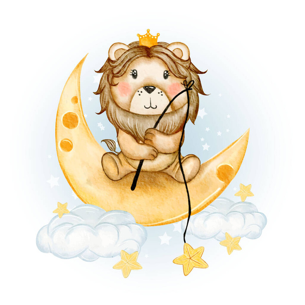 χαριτωμένο λιοντάρι βασιλιάς αλιείας αστέρι υδατογραφία απεικόνιση φυτώριο - Διάνυσμα, εικόνα