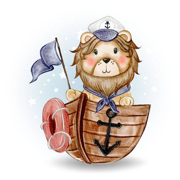 lindo rey león marinero abordado el barco acuarela ilustración
 - Vector, imagen