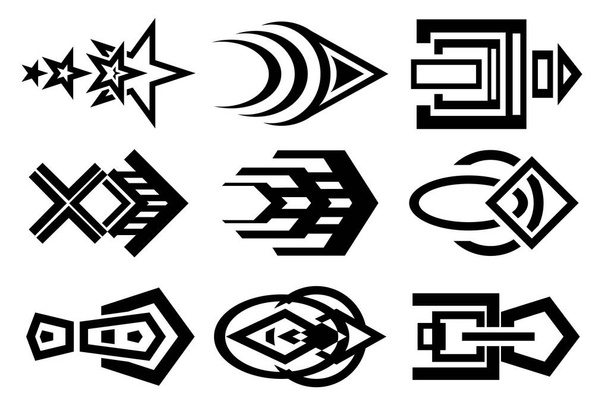 Conjunto de nueve imágenes abstractas de flechas direccionales. Imágenes para diversos propósitos. Tatuaje, logotipos y más. Imagen vectorial
. - Vector, Imagen