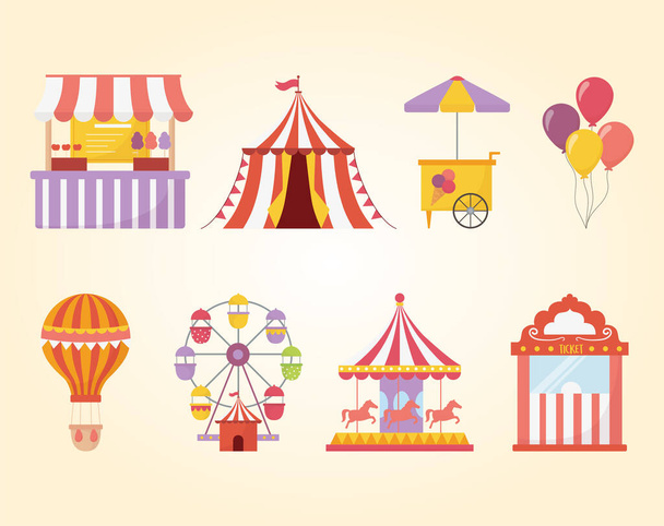 веселая ярмарка карнавал палатка отдыха карусель еда мороженое воздушный шар
 - Вектор,изображение