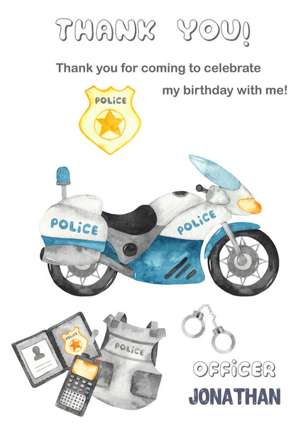 Boy officer Police party. Watercolor hand painted card thank you - Photo, Image