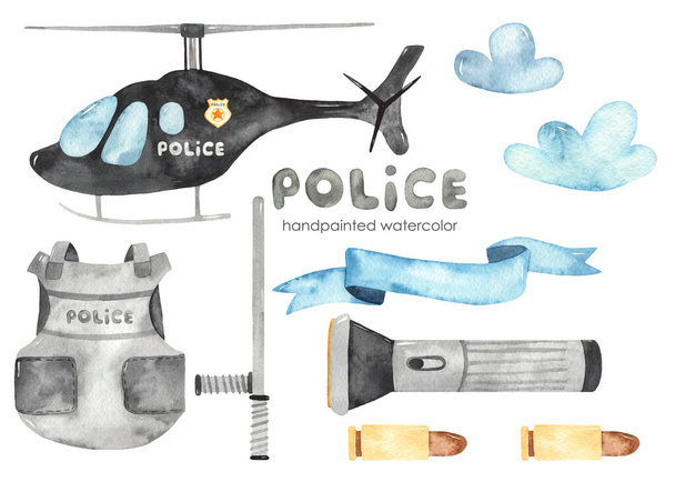 Police helicopter, body armor, flashlight, clouds, bullets, ribbon, baton. Watercolor hand painted clipart - Photo, Image