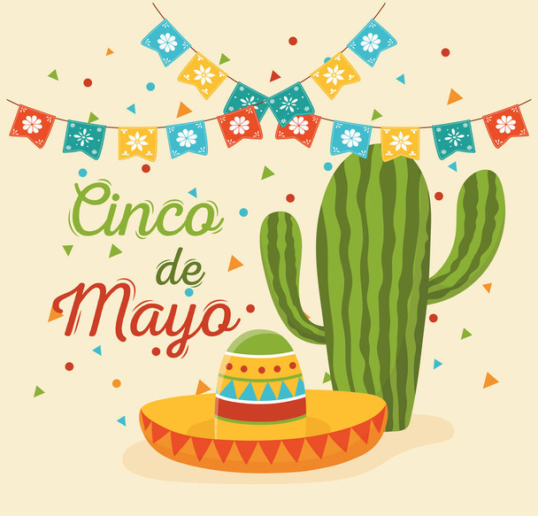 cinco de mayo cactus and hat pennants decoration mexican celebration - Διάνυσμα, εικόνα