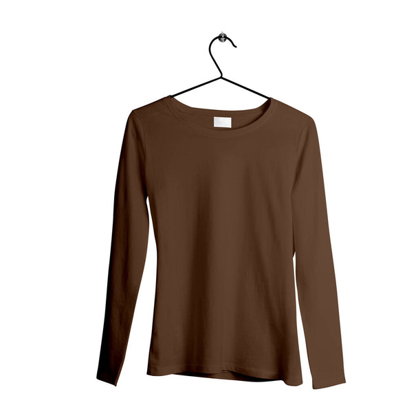 Tämä mahtava Front View pitkähihainen naaras paita mock Up with Hanger In Royal Brown Color on valmis käytettäväksi esittelyyn tuotemerkin logo
. - Valokuva, kuva