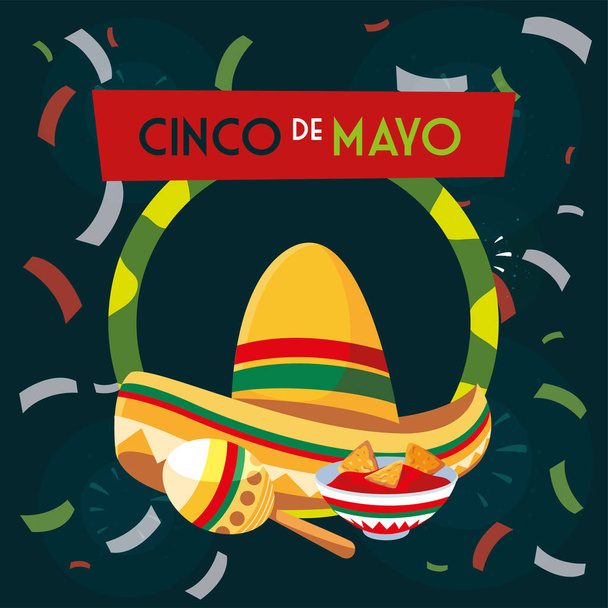 sombrero mexicano y maracas con etiqueta cinco de mayo
 - Vector, imagen