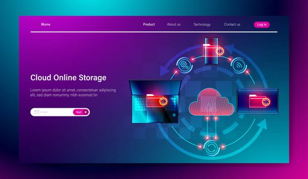 Cloud online storage service concept, connection of cloud with laptop, smartphone and laptop devices, data transfer, synchronization Vector - Vector, Image