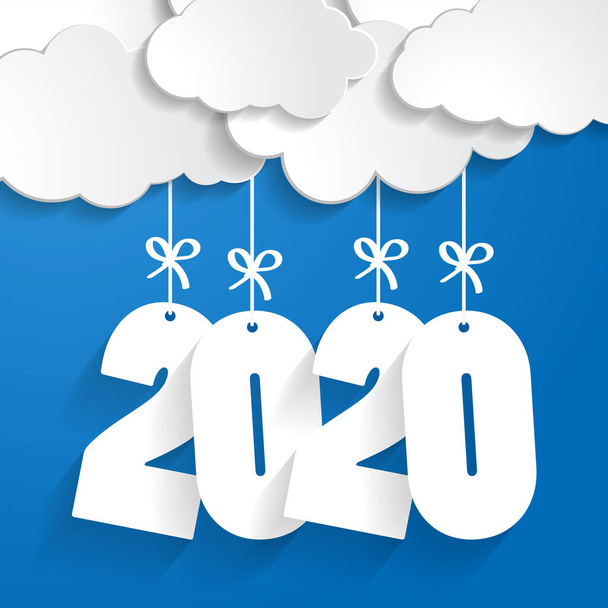 bílé papírové mraky s čísly 2020 v nadcházejícím roce visí na strunách s luky na modrém pozadí - Vektor, obrázek