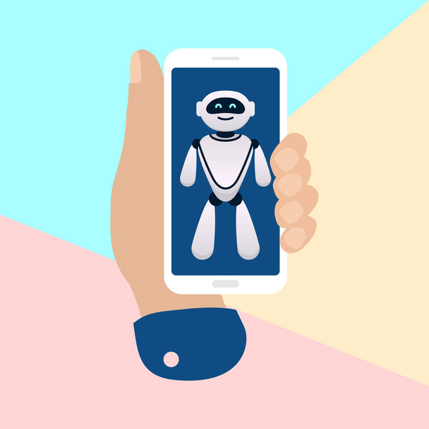ruční držení mobilní telefon s umělým chatu robot bot na pastelové modré a růžové pozadí - Vektor, obrázek