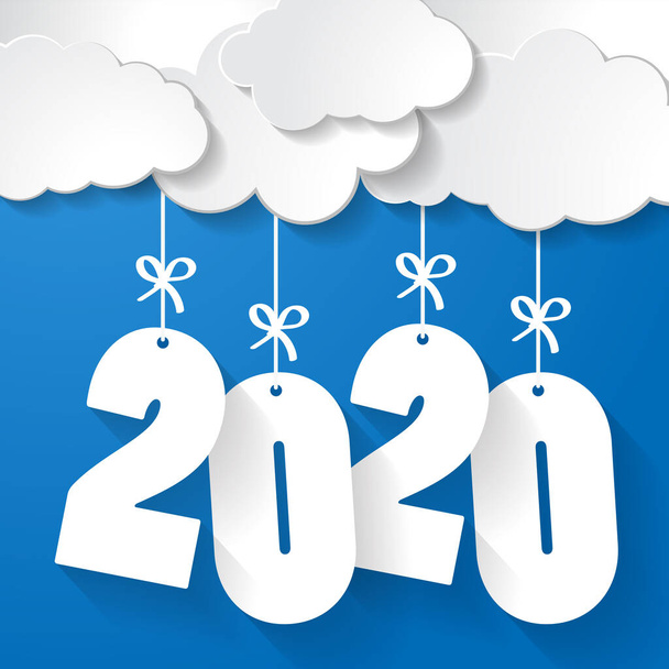 weiße Papierwolken mit Zahlen 2020 des kommenden Jahres hängen an Fäden mit Schleifen auf blauem Hintergrund - Vektor, Bild