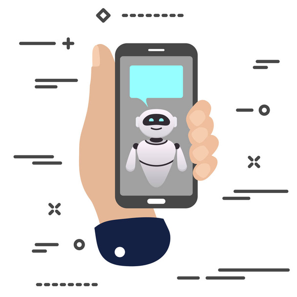 plano mano mínima celebración de teléfono móvil con el robot de chat icono de marco de burbuja bot sobre fondo blanco. conjunto de iconos de droide de burbuja para sitios web, blog, interfaces móviles
 - Vector, imagen