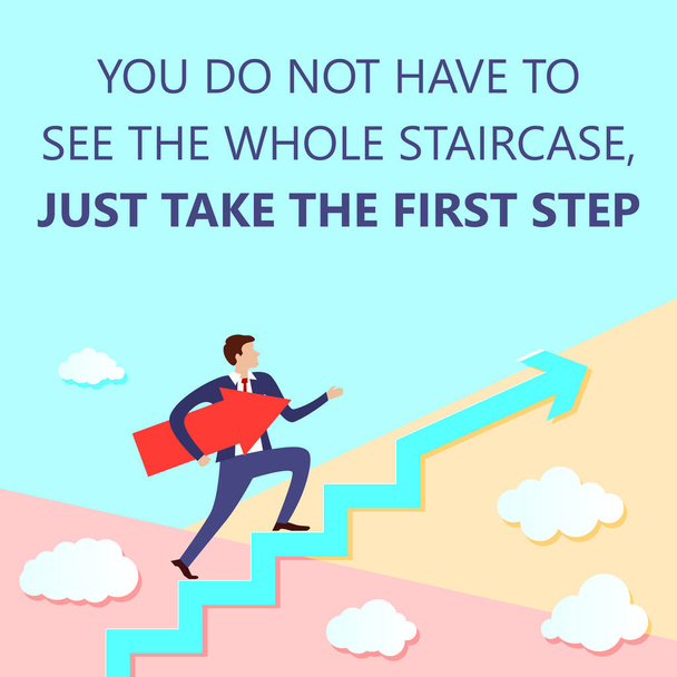 You do not have to see whole staircase just take first step with businessman stands on growing up Arrow and points forward in direction of movement  - ベクター画像