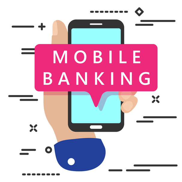 plochý ležel moderní minimální ruční držení mobilního telefonu s mobilní bankovnictví text mesagge na bílém pozadí - Vektor, obrázek