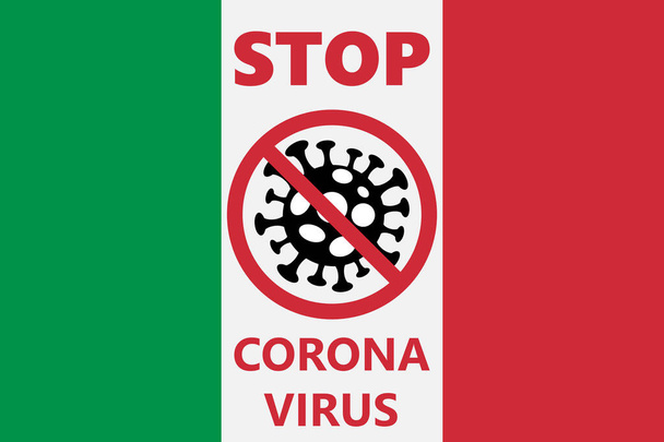 STOP COVID-19 in Italy, Novel coronavirus (2019-nCoV), Abstract virus strain model Novel coronavirus 2019-nCoV is crossed out with red STOP sign - Vetor, Imagem