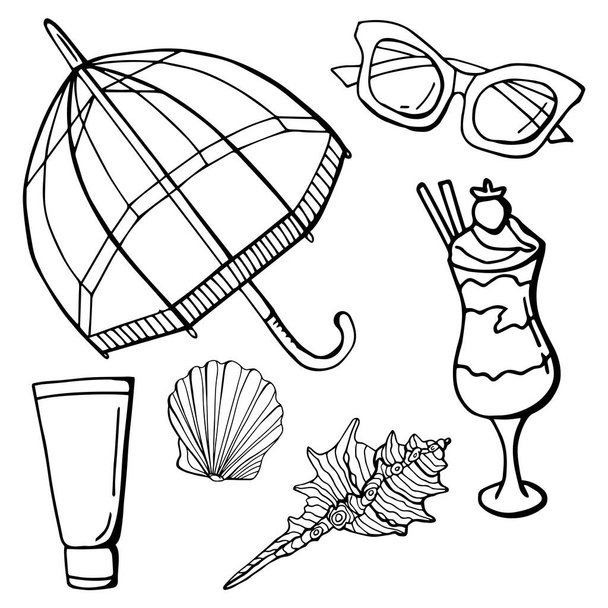 Ensemble graphique d'éléments d'été. Parapluie, lunettes de soleil, crème solaire, cocktail rafraîchissant, coquillages. L'art linéaire. Fond blanc, isolat
. - Vecteur, image