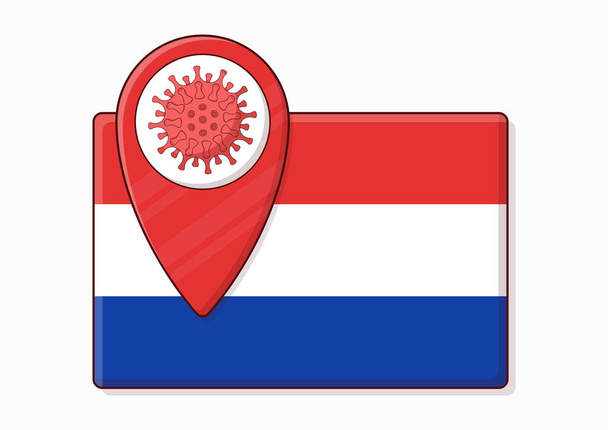 Bandera de los Países Bajos con signo de coronavirus. Brote de virus Covid-19 en Europa. Ilustración vectorial, problema global de la propagación del virus
. - Vector, imagen