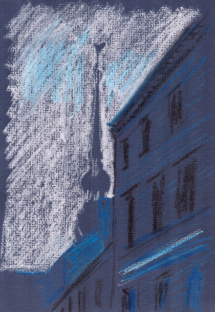 dessin graphique sur un fond bleu foncé de la maison et des cathédrales du Vieux Riga
 - Photo, image