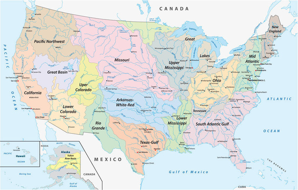 Mapa de las cuencas en los Estados Unidos de América
 - Vector, imagen