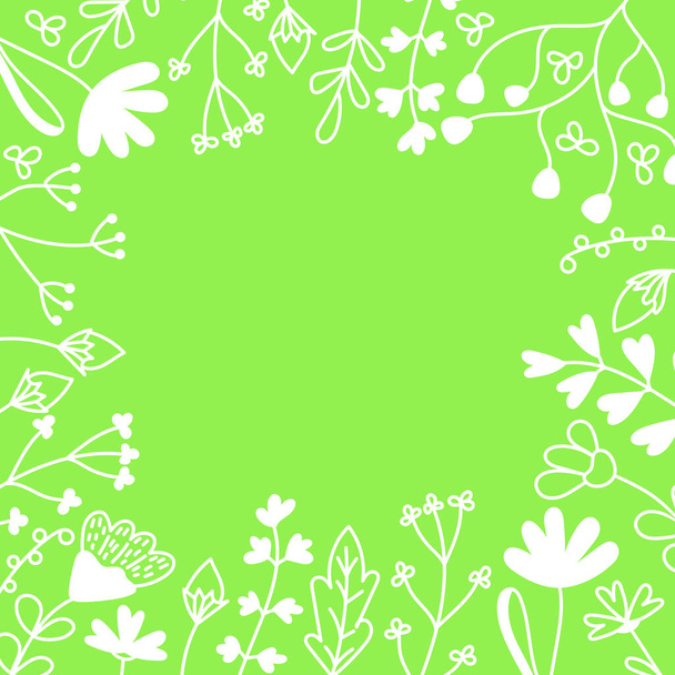 Цветочная карта с местом для текста. Ручной рисунок луга цветы, листья и травы на зеленом фоне. Векторная иллюстрация
. - Вектор,изображение