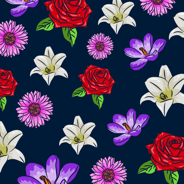 Pattern of various flowers on a dark blue background. Pattern of 4 flowers. Spring mood. Background from colorful flora elements. - Vector, Imagen