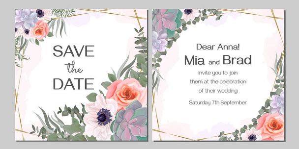 Elegant watercolor design for wedding invitations. Succulents, white anemones, roses, eucalyptus, green plants and flowers. Postcard template for your text. - Vector, Image