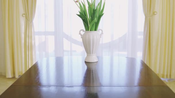 Beautiful bouquet of colorful tulips in vase. Happy Mothers Day. Spring time - Footage, Video