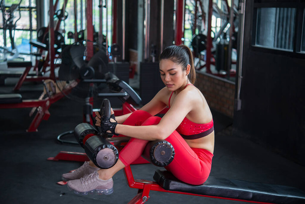 Beautiful asian woman play fitness in the gym, time for exercise - Photo, image