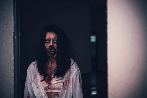 Portrait of asian woman make up ghost face, Horror scene, Scary background, Halloween poster  - Фото, изображение