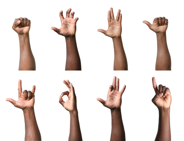 Gesturing hands of African-American men on white background - Photo, Image