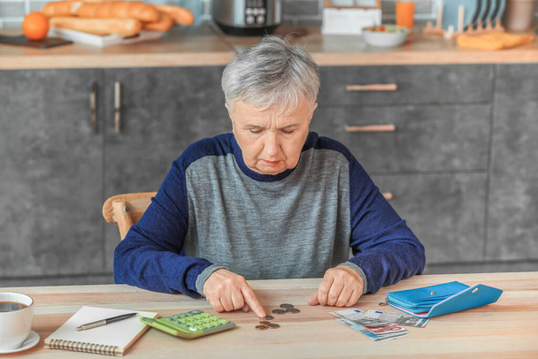 Mujer mayor contando dinero en casa - Foto, imagen