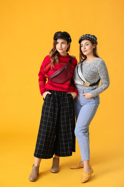 Jonge vrouwen in warme truien op kleur achtergrond - Foto, afbeelding