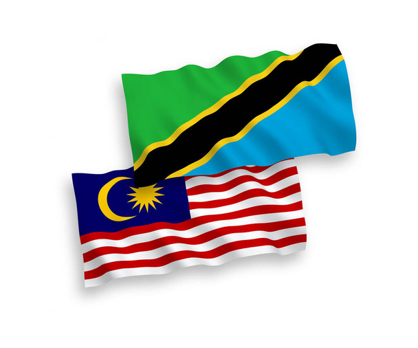 National vector fabric wave flags of Tanzania and Malaysia isolated on white background. 1 to 2 proportion. - Vector, Image