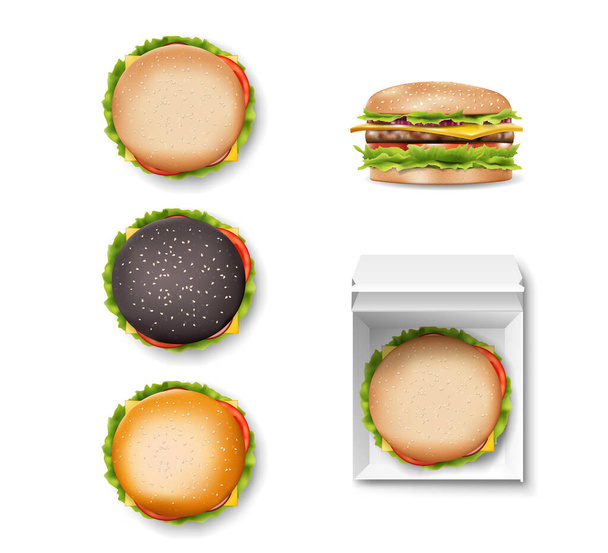 現実的なハンバーガーの上と側面のビューの分離のセット。ファーストフードハンバーガーのモックアップ。黒おいしいバーガーとホワイトコンテナ。ベクトル - ベクター画像