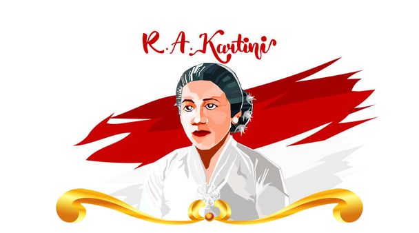 Raden Adjeng Kartini Endonezya 'nın kadın ve insan kahramanları geleneksel ahşap oyma süsüyle. - Vektör - Vektör, Görsel
