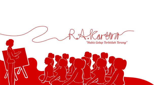 Raden Adjeng Kartini les héros des femmes et des droits de l'homme en Indonésie. Des femmes enseignent ensemble l'arrière-plan du modèle de bannière - Vector - Vecteur, image