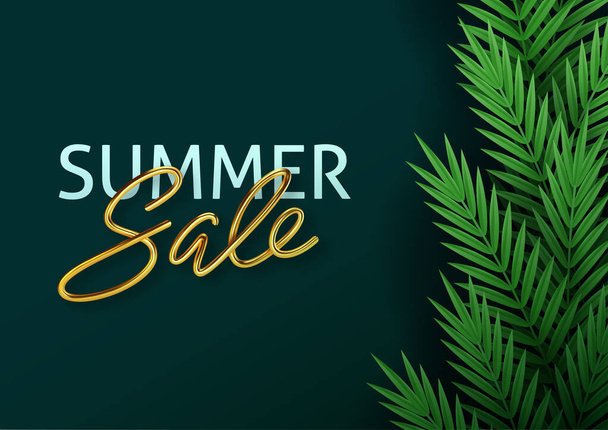 Hello summer, summertime, sale. Text poster against the background of tropical plants. Palm leaves, jungle leaf and gold lettering. The poster for sale and an advertizing sign. Vector illustration - Vetor, Imagem