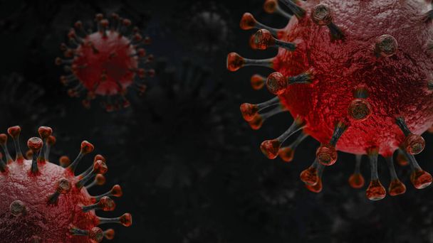 Zwei rotbasierte Coronavirus vergrößerte Detailansicht als 3D-Illustration auf dunklem Hintergrund. - Foto, Bild