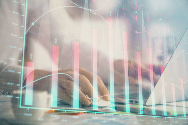 Double exposure of forex graph with man working on computer on background. Concept of market analysis. - Photo, Image