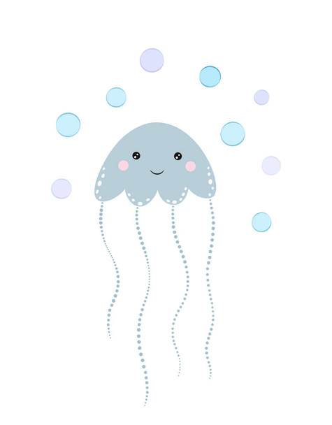 card with cute jellyfish, illustration in scandinavian style on white background, cute baby marine animals - Vettoriali, immagini
