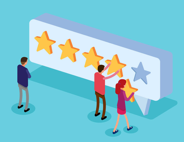 Clients choosing satisfaction rating and leaving positive review. Character and five star feedback. Flat isometric vector style - Vector, Image