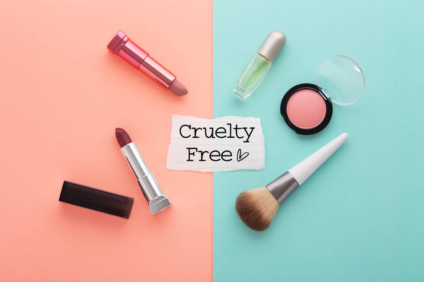Cruelty free cosmetico, rossetto, pennello, rossore, profumo su sfondo rosa e blu, posa piatta
 - Foto, immagini