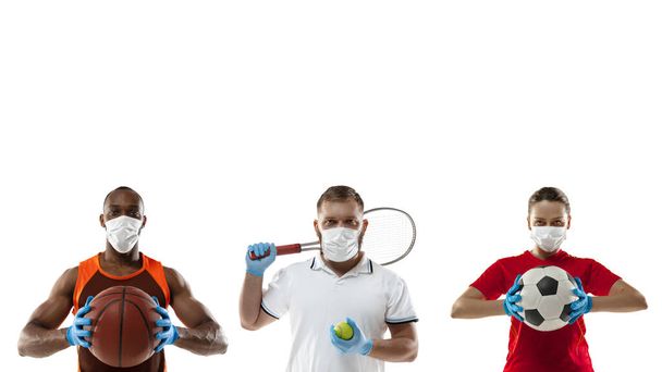 Sportsmen in protective masks, coronavirus treatment illustration concept - 写真・画像