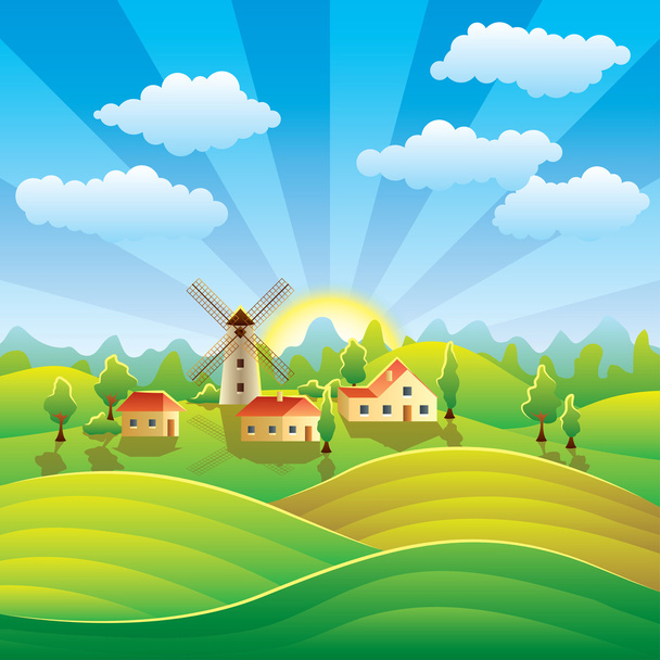 αγροτικό τοπίο με σπίτια και καλοκαίρι πεδία - Διάνυσμα, εικόνα