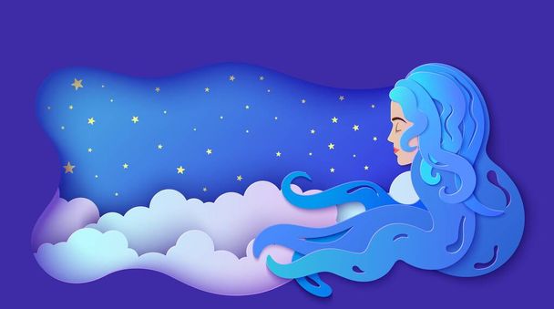 Sleeping girl in paper cut style. Young woman sleep and dreaming. Wavy papercut frame with gold stars and night sky. Fairy good night and sweet dreams vector illustrations. Creative cloudy landscape - Vector, Image