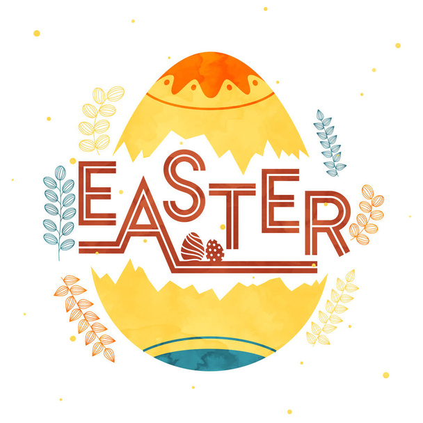 Easter Font with Watercolor Effect Egg and Leaf Branch on White Background. - Vetor, Imagem